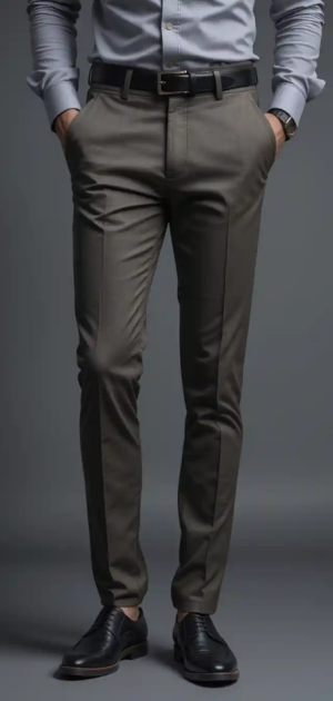 Olive-toned dress pants styled with a grey shirt and black leather shoes