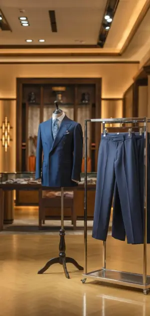 navy blue suit with matching pants in a stylish store setup