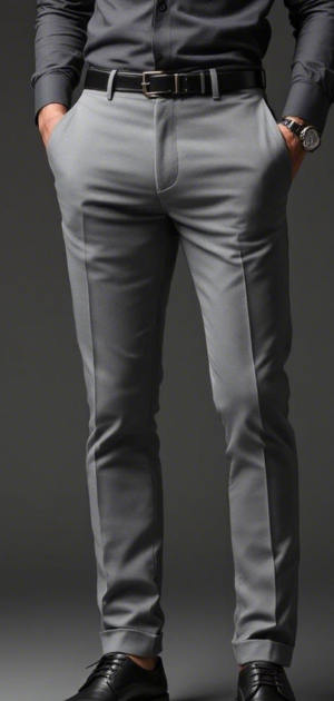 Light grey dress pants paired with a dark grey dress shirt and black leather shoes