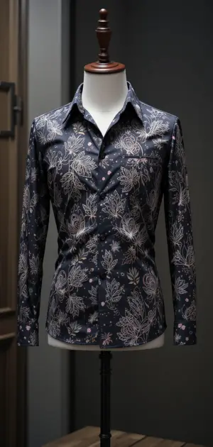 A black dress shirt with intricate floral designs on a mannequin.