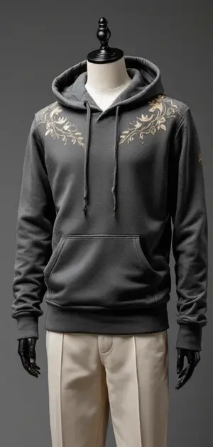 Dark grey pullover hoodie with floral embroidery on both shoulders.
