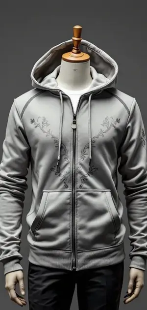 Light grey zip-up hoodie with dark floral embroidery forming a V-shape on the chest.