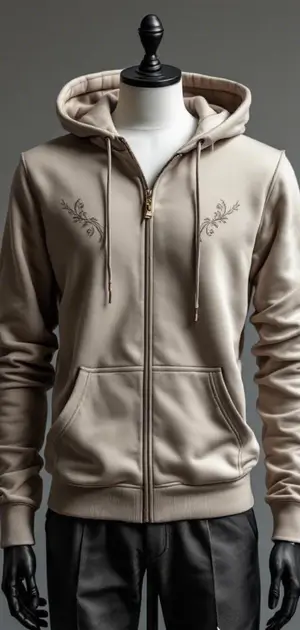 Beige zip-up hoodie with subtle floral embroidery on both sides of the chest