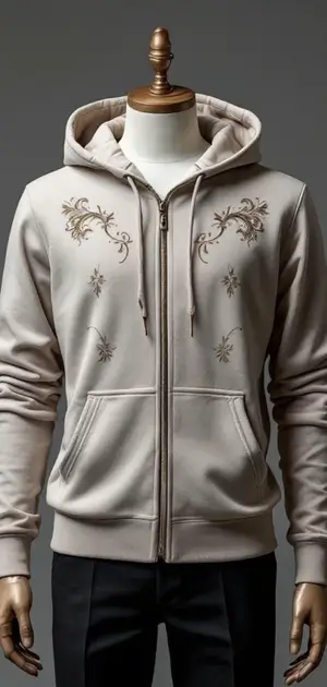 Light beige zip-up hoodie with intricate floral embroidery covering the chest area.