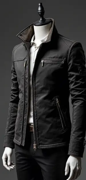 Black casual jacket with high collar and zipper details on mannequin