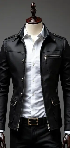 Black fitted jacket with silver zippers worn over a white shirt