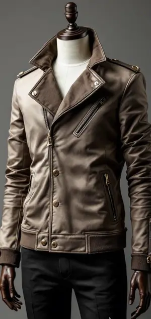 Brown leather biker-style jacket with button details on mannequin
