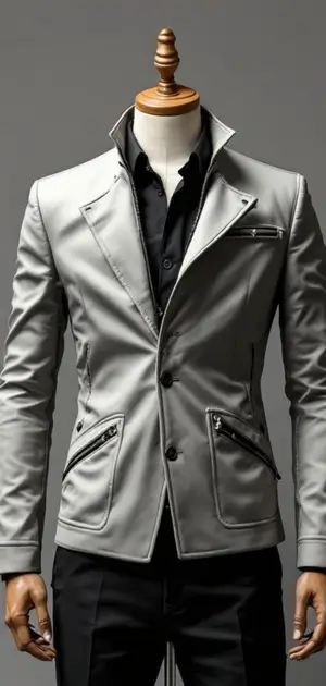 Light grey tailored party jacket with black shirt on mannequin
