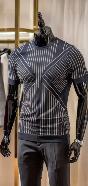 Black T-shirt with geometric pinstripe patterns for parties
