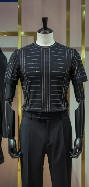 Black T-shirt with horizontal and vertical pinstripe details