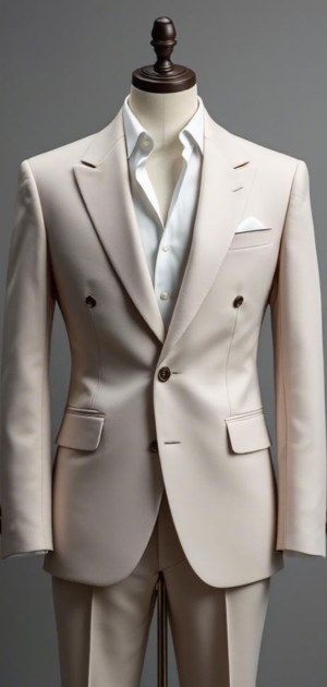 Cream-colored double-breasted suit with a white shirt on a mannequin.