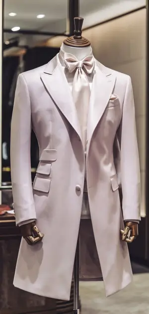 Mannequin wearing a pastel-colored formal coat in a luxury store