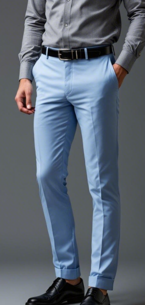 Man in sky-blue trousers styled with a grey shirt and black shoes