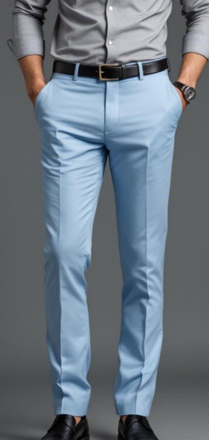 Man in pastel blue trousers with a grey shirt and black belt