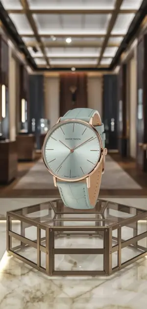 Elegant pastel blue watch with rose gold accents in a glass display case.