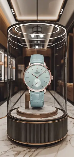 Pastel-tone watch with a light blue leather strap and minimal dial design