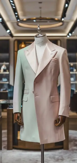 Pastel formal coat with unique green accent details displayed on a mannequin