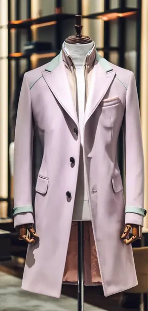 Two-tone pastel formal coat on a mannequin in a luxurious store interior