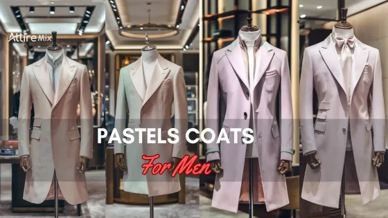 Mannequins displaying Pastels Coats For men in a luxury store setting