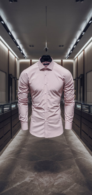 A pastel pink tailored formal shirt on a mannequin in a luxurious store