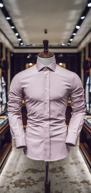 A pastel pink formal dress shirt displayed in a modern retail store.