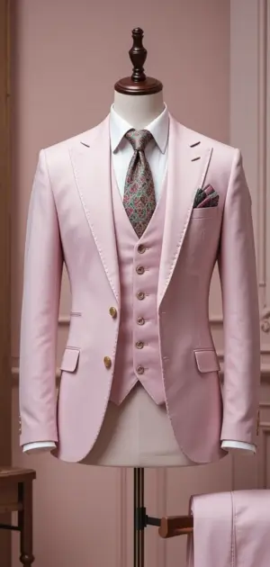 Mannequin wearing a pastel pink suit with a floral tie and vest.