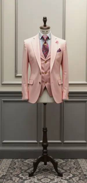 Mannequin in a pastel pink three-piece suit with a patterned tie.