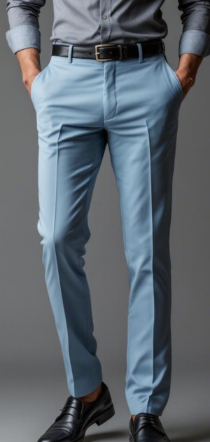 Man in tailored pastel blue trousers styled with a grey button-up