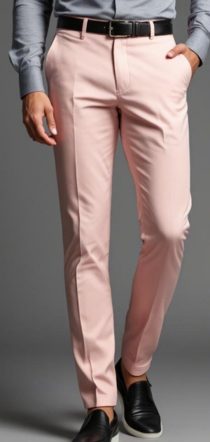 Man wearing soft pink trousers with a grey shirt and slip-on shoes.