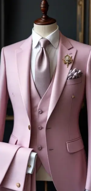 Light pink suit with a soft mauve tie and gold brooch