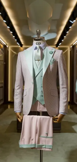 Mannequin dressed in a pastel pink and mint green suit with matching accessories