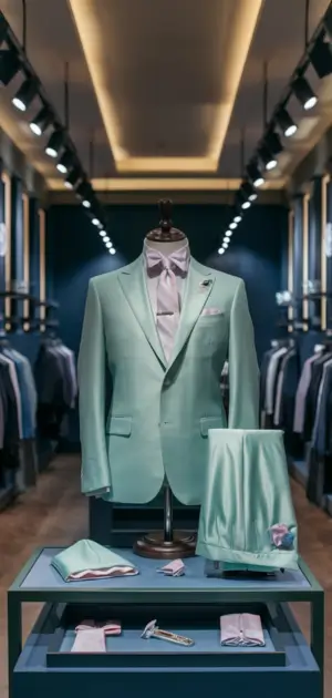 Mint green suit on display with matching accessories in a modern boutique
