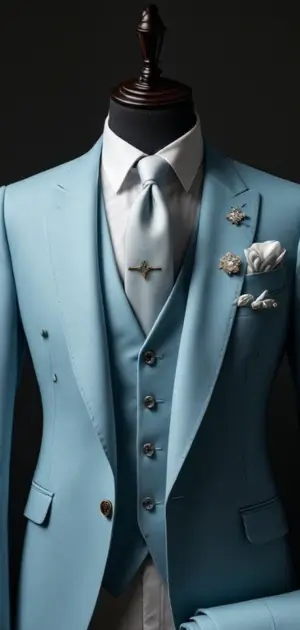 Sky blue suit with silver tie and multiple brooches