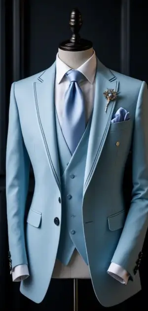 Light blue suit with a matching vest and satin blue tie