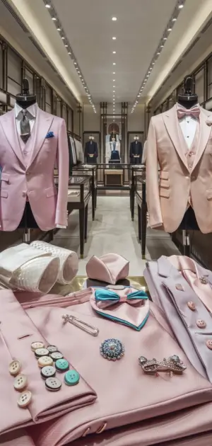 Close-up of a pastel pink suit with detailed accessories on display