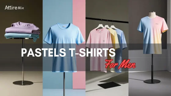 Various pastel-colored men's t-shirts are displayed stylishly on racks and stands.