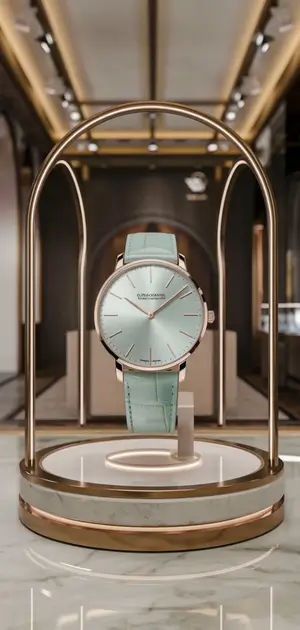 Pastel blue men’s watch with a simple dial and rose gold finish