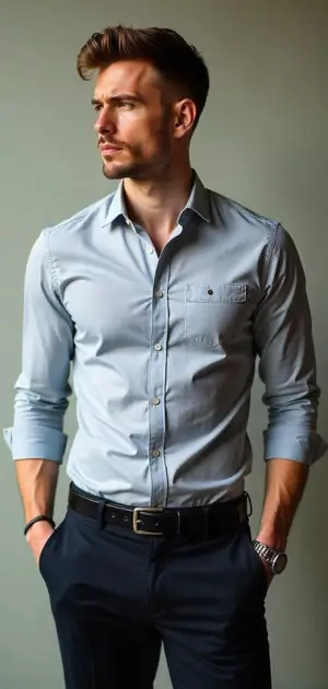 Athletic fit dress shirts for men Light gray athletic formal dress shirt paired with navy trousers and a belt.
