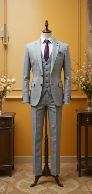Light gray windowpane check suit with waistcoat and purple tie on tailoring mannequin.