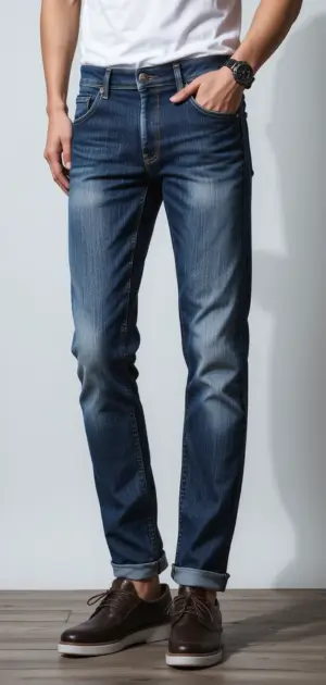 Men's slim-fit blue denim jeans with a faded wash and rolled-up cuffs.