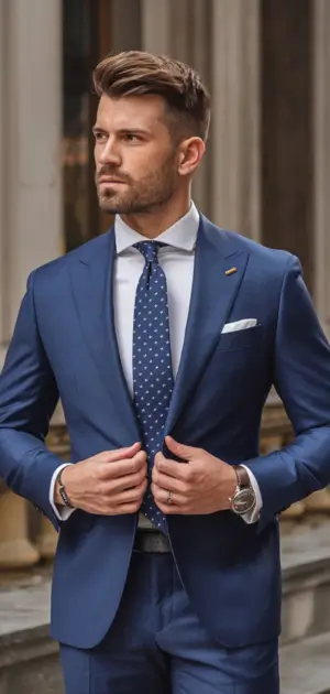 Man wearing a perfectly tailored blue formal suit with a dotted tie blue formal outfit for men.