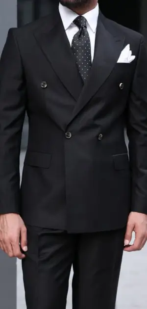 Elegant men's black formal suits, polka-dot tie, and white pocket square.