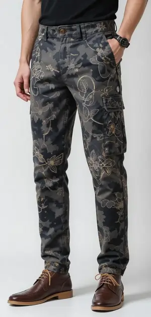 Men's camouflage cargo pants featuring gold floral embroidery.