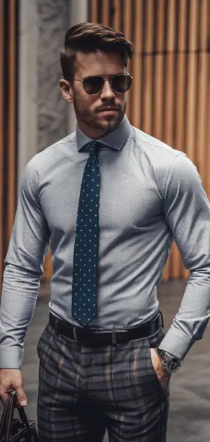 Elegant light gray formal dress shirt paired with patterned trousers and a tie.