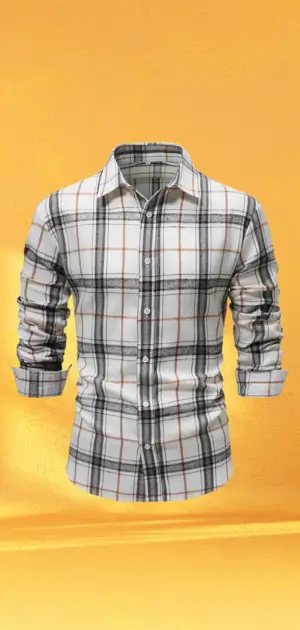 Men's cream-colored dress shirt featuring a subtle black plaid design, perfect for formal events.