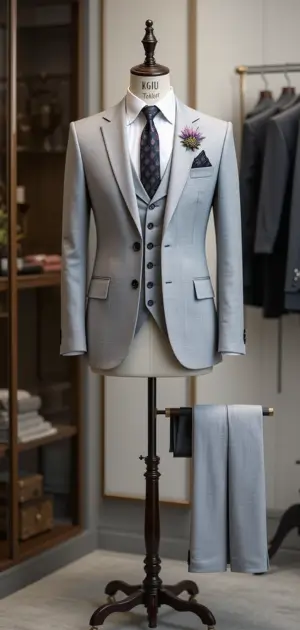 Light grey formal suit with a classic vest and refined accessories.