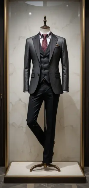 A formal charcoal three-piece suit with a burgundy tie and pocket square is displayed in a framed showcase.