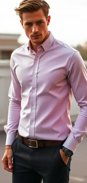 Street wear shirt designs Men’s light pink streetwear formal dress shirt styled with navy trousers.