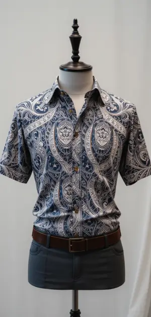 Short-sleeve paisley print shirt, perfect for formal events.