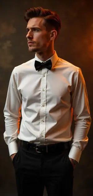 A sophisticated man displays the ideal fit of a white formal wedding shirt.